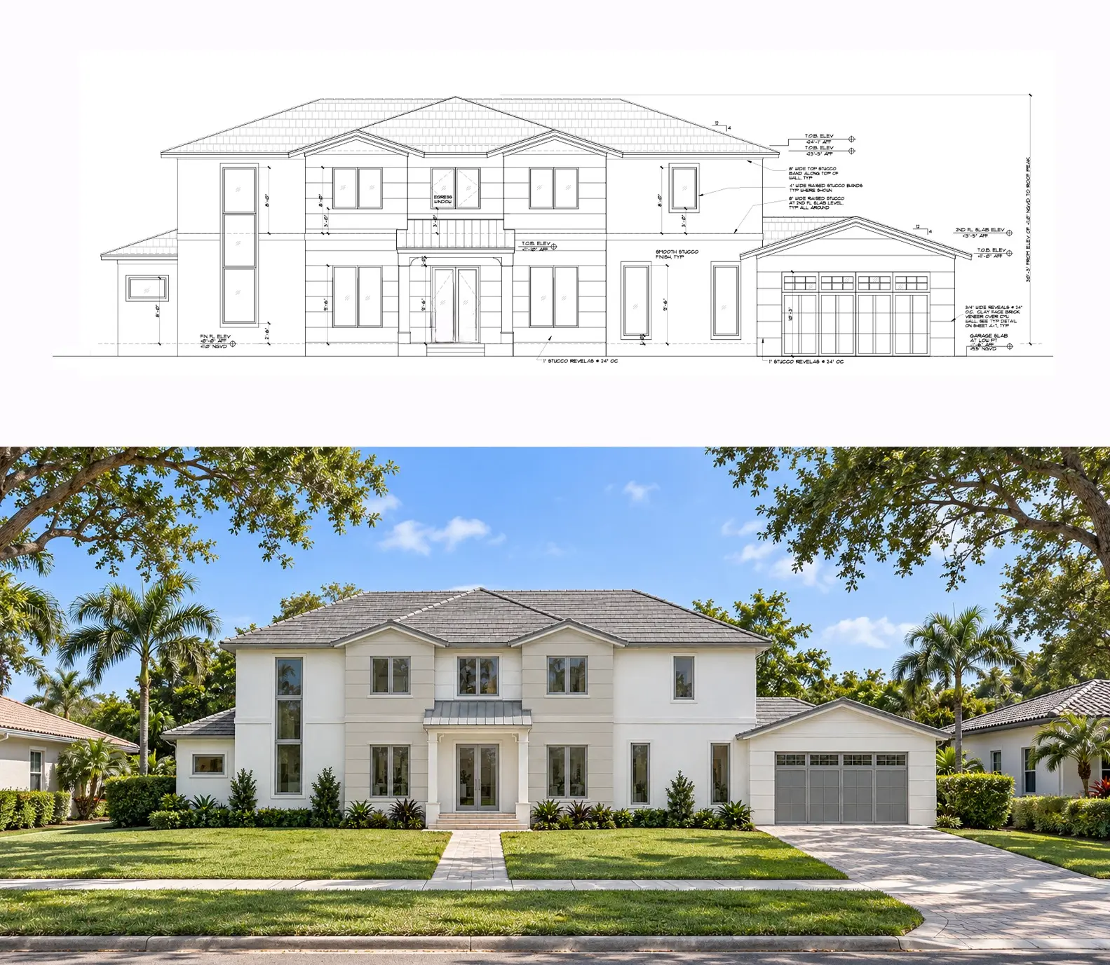Architectural elevation transformed into a photorealistic facade visualization