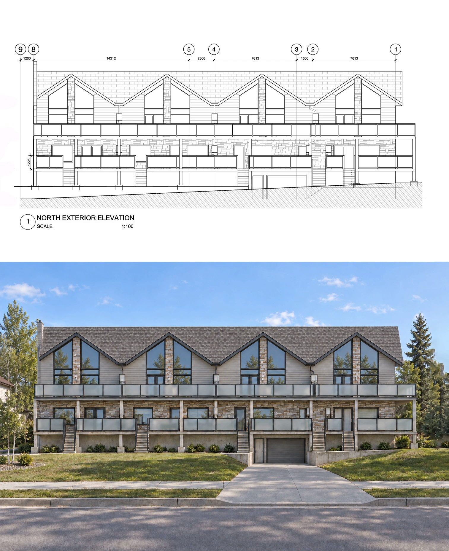 Townhome elevation drawing and completed facade visualization
