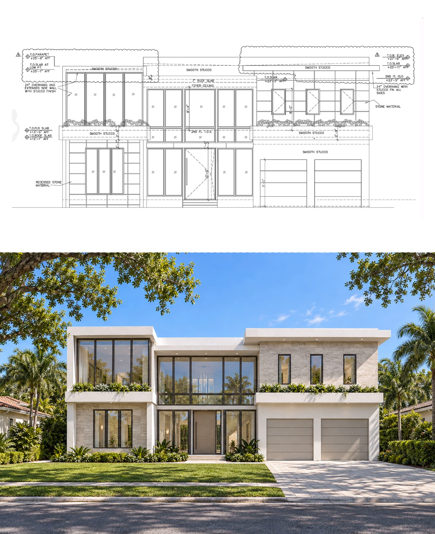 Contemporary residence drawing and completed facade visualization