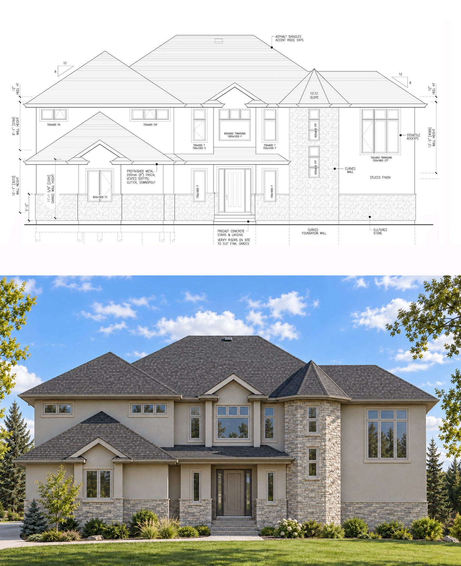 Estate elevation drawing and completed facade visualization