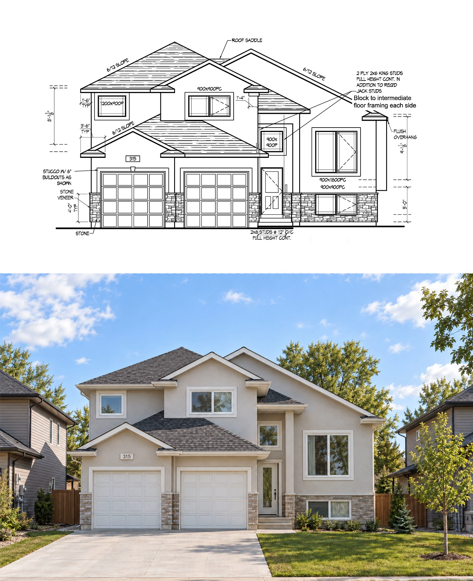 Suburban home elevation drawing and completed facade visualization