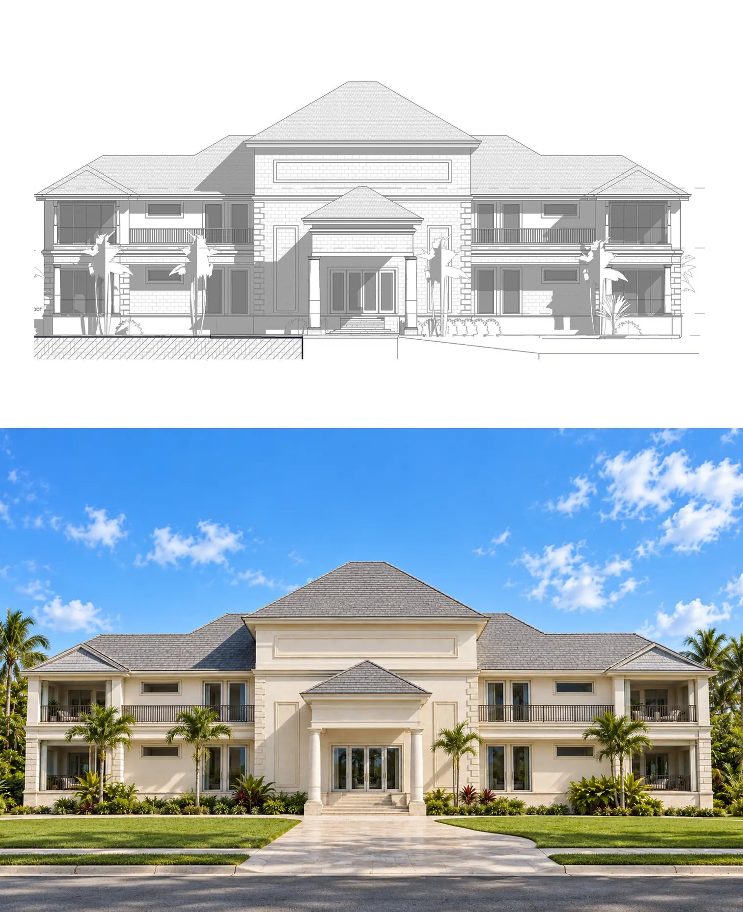 Luxury estate architectural elevation and completed photorealistic facade