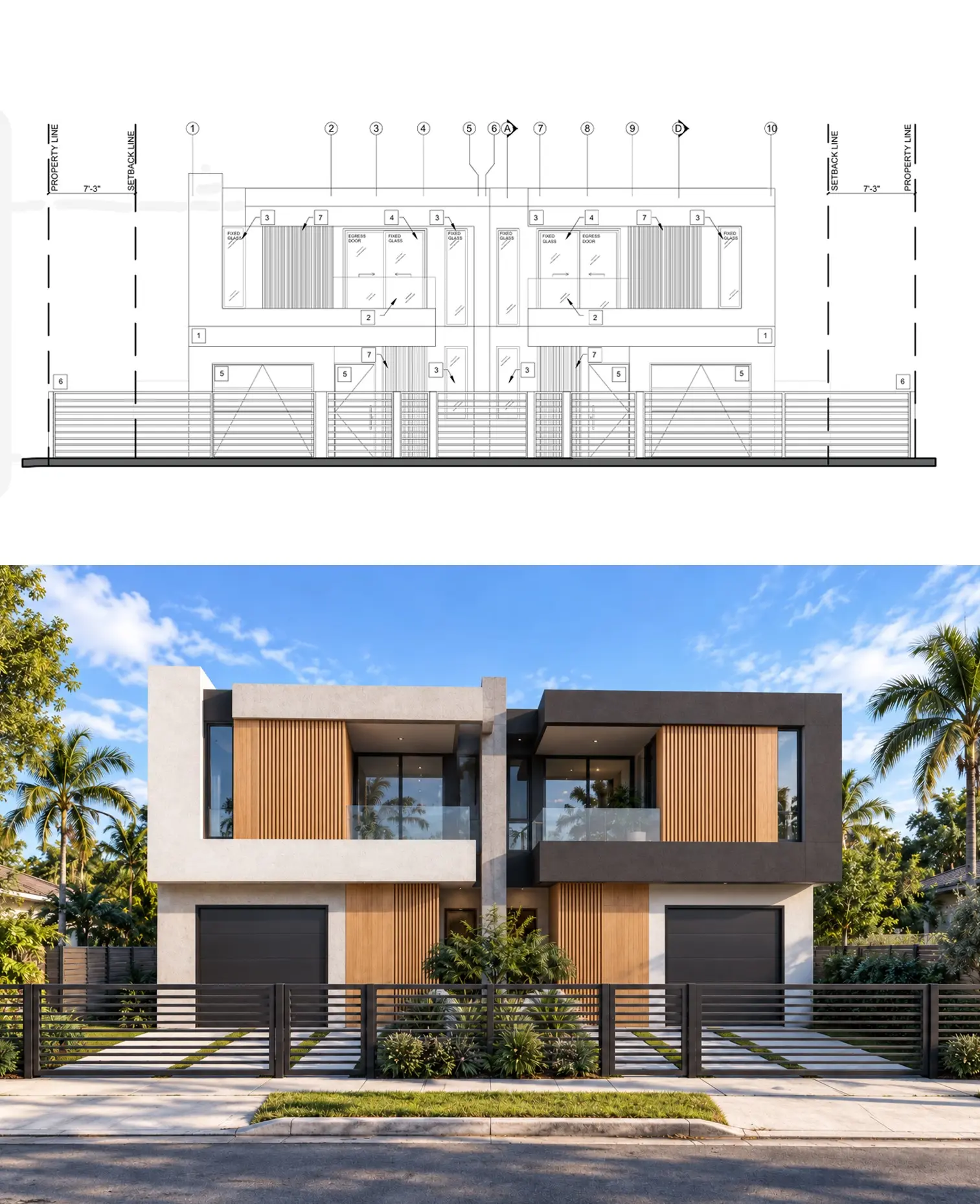Modern duplex architectural elevation and completed photorealistic facade