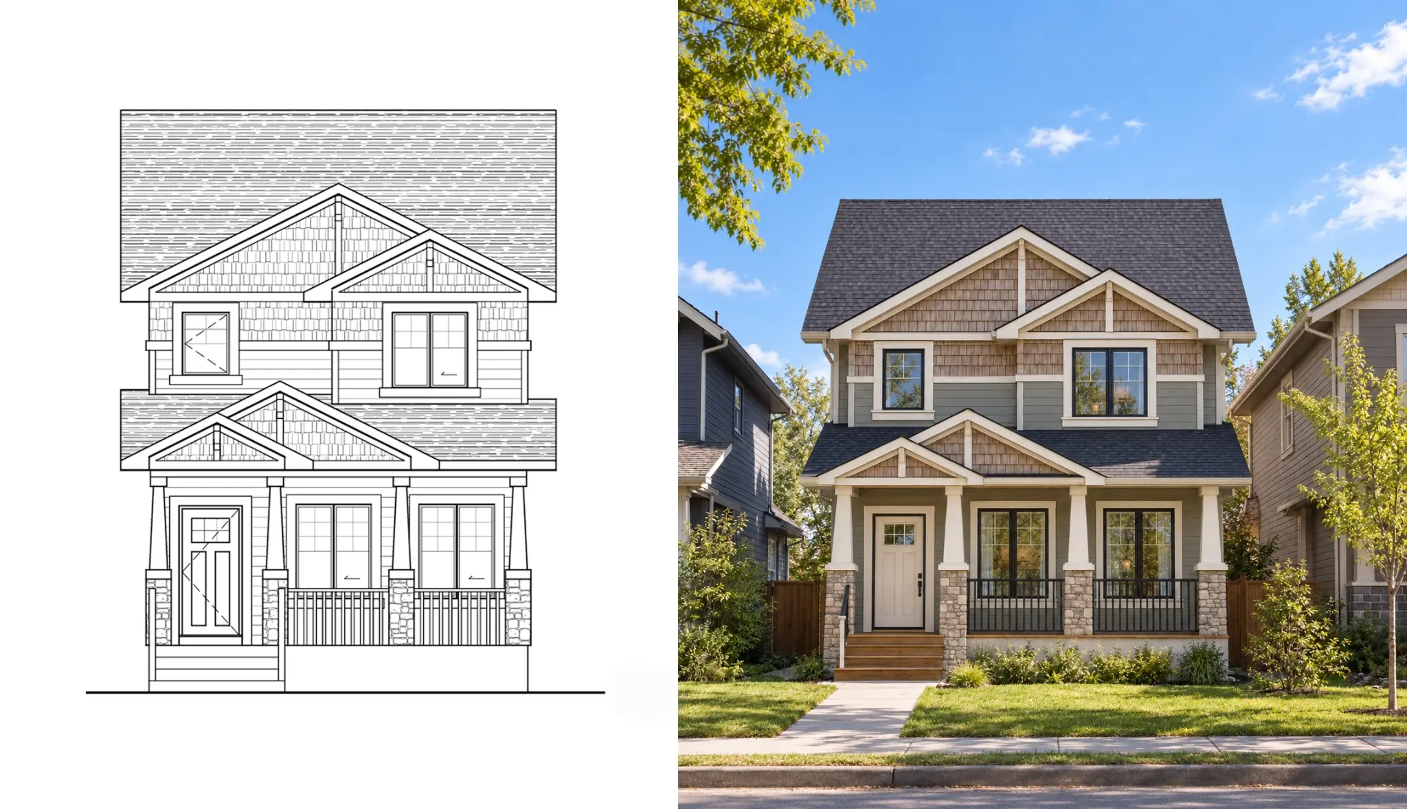 Architectural facade drawing shown beside its completed visualization