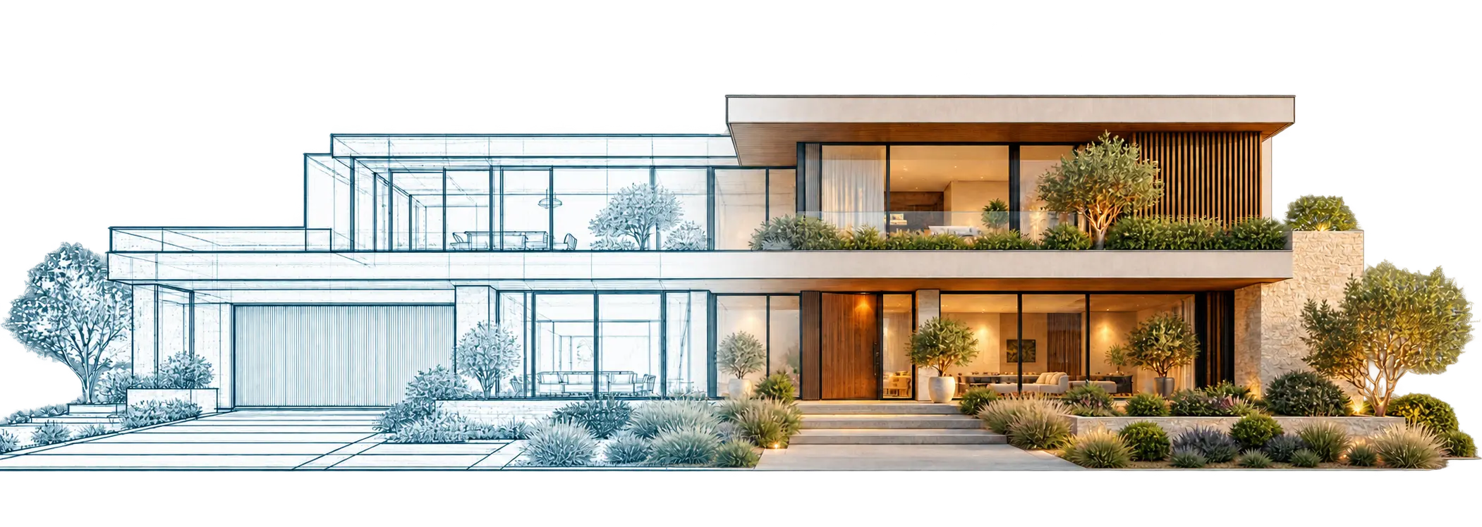 Wide contemporary residence transitioning from blue architectural sketch to photorealistic visualization