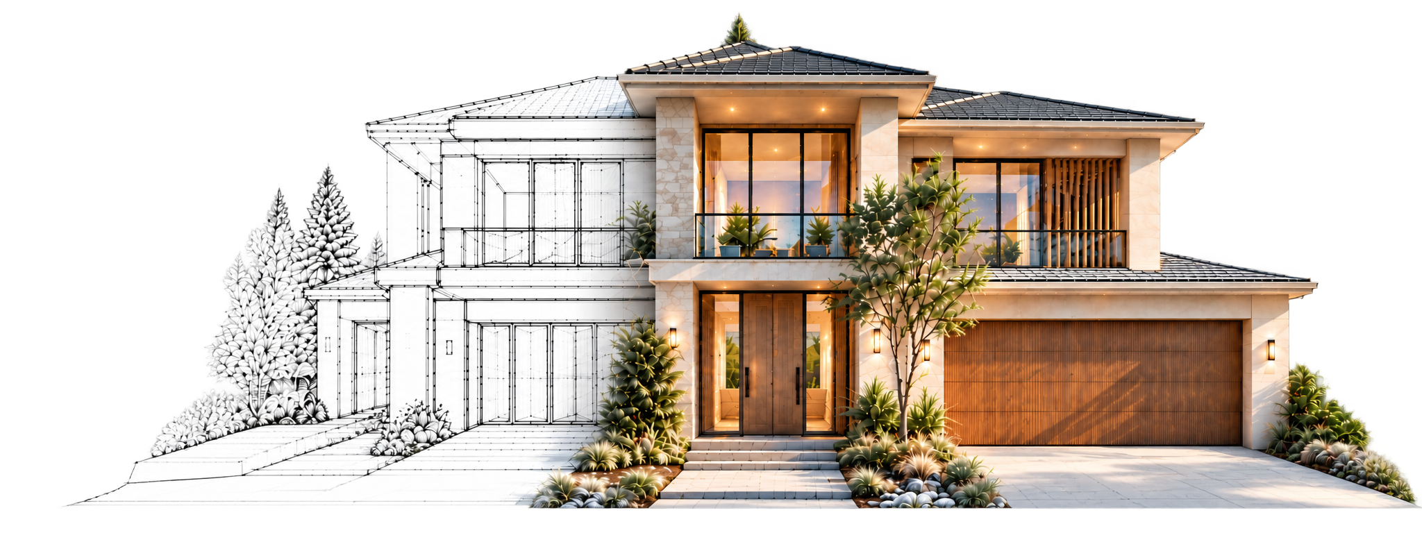 Architectural elevation transitioning into a photorealistic contemporary facade