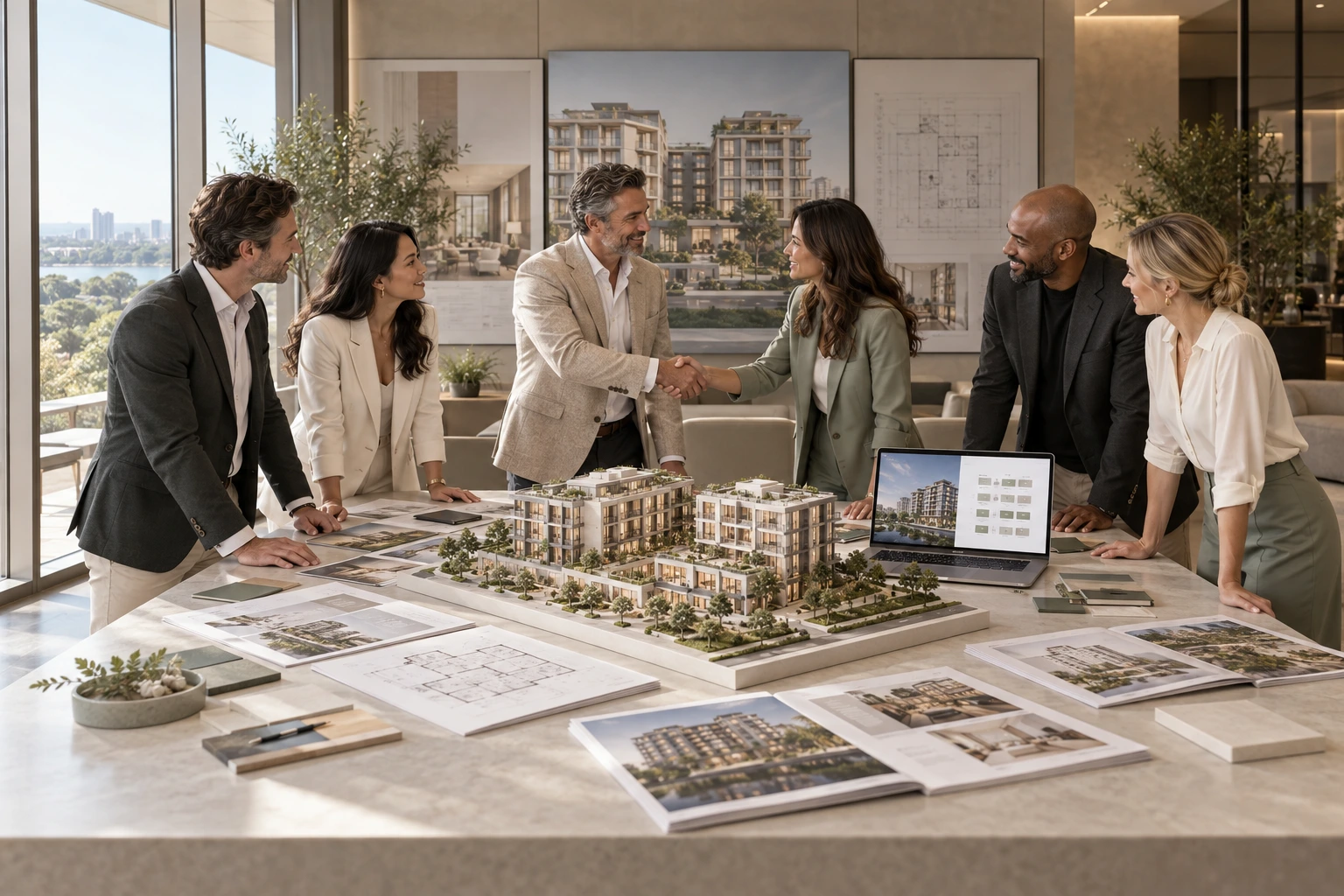 Original CR visualization of a developer meeting with architectural model and coordinated sales tools