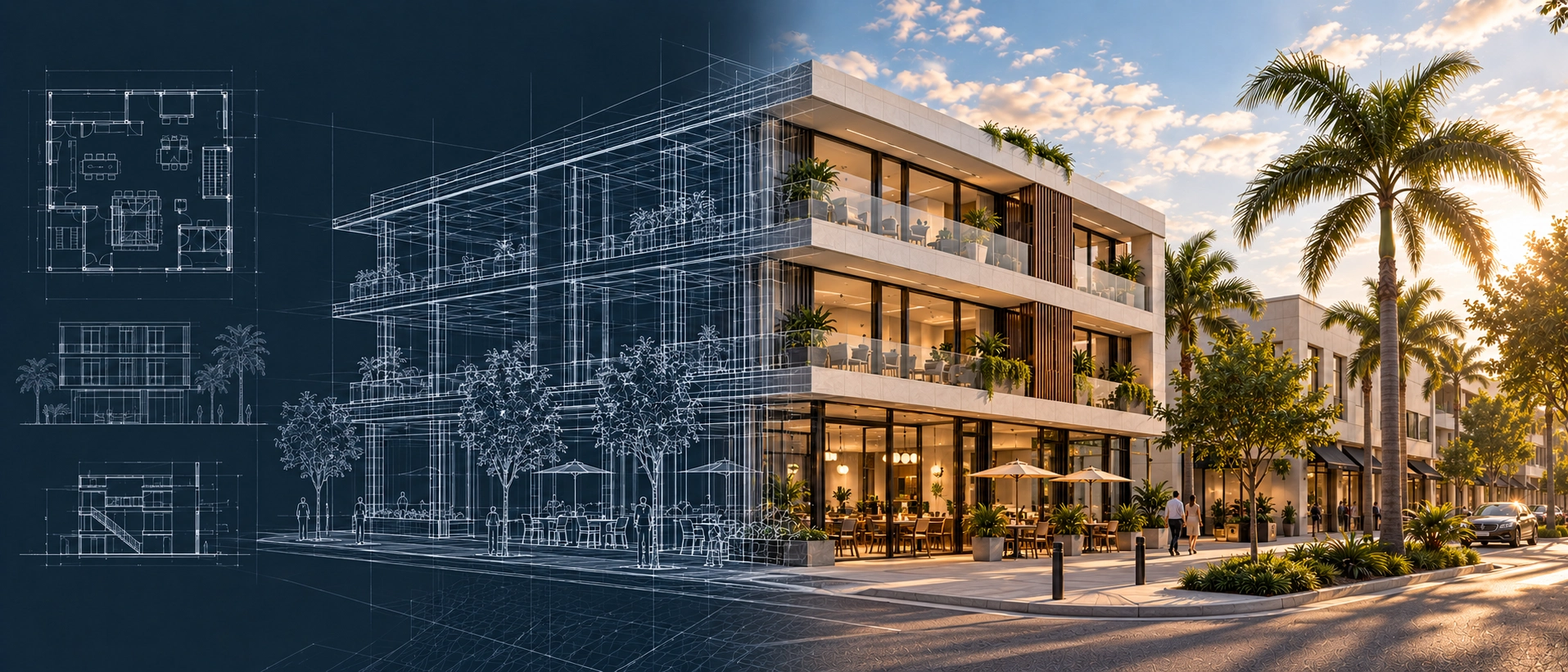 Commercial architectural visualization transitioning from a technical plan to the built environment