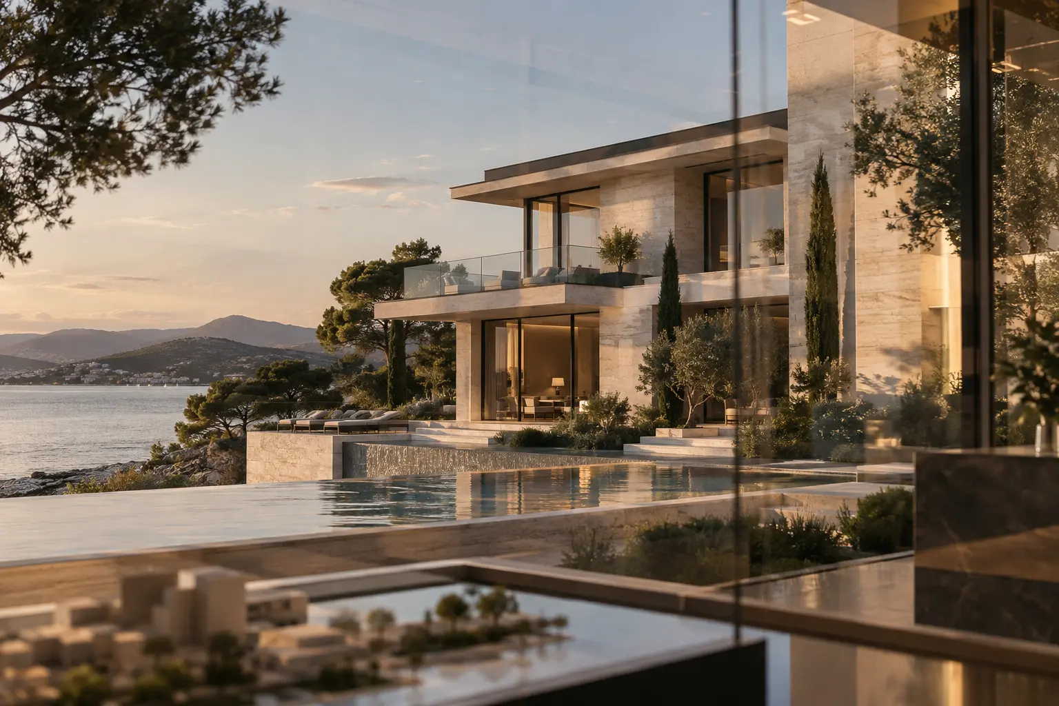Editorial waterfront residence visualization in warm afternoon light