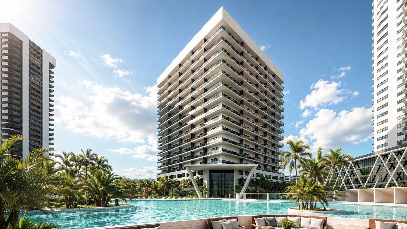 Architectural visualization of an urban residential amenity and tower