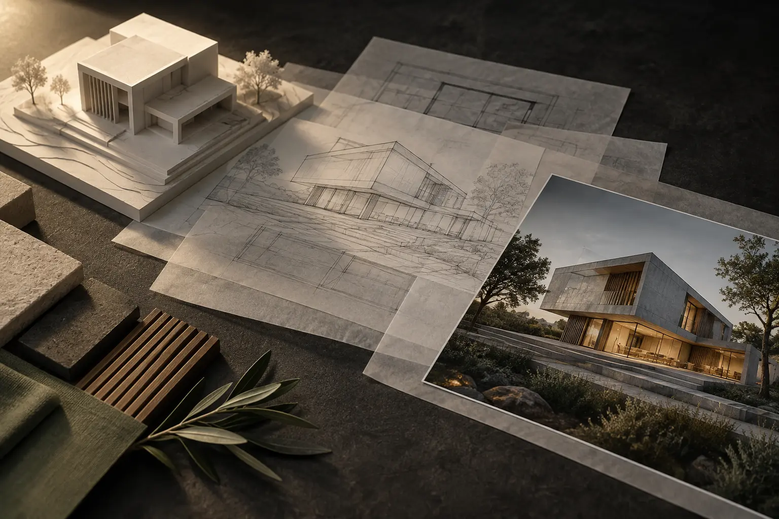 Editorial architectural model transitioning into a photorealistic visualization