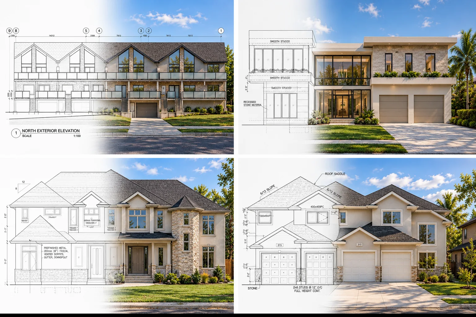Four CR architectural elevations paired with completed facade visualizations