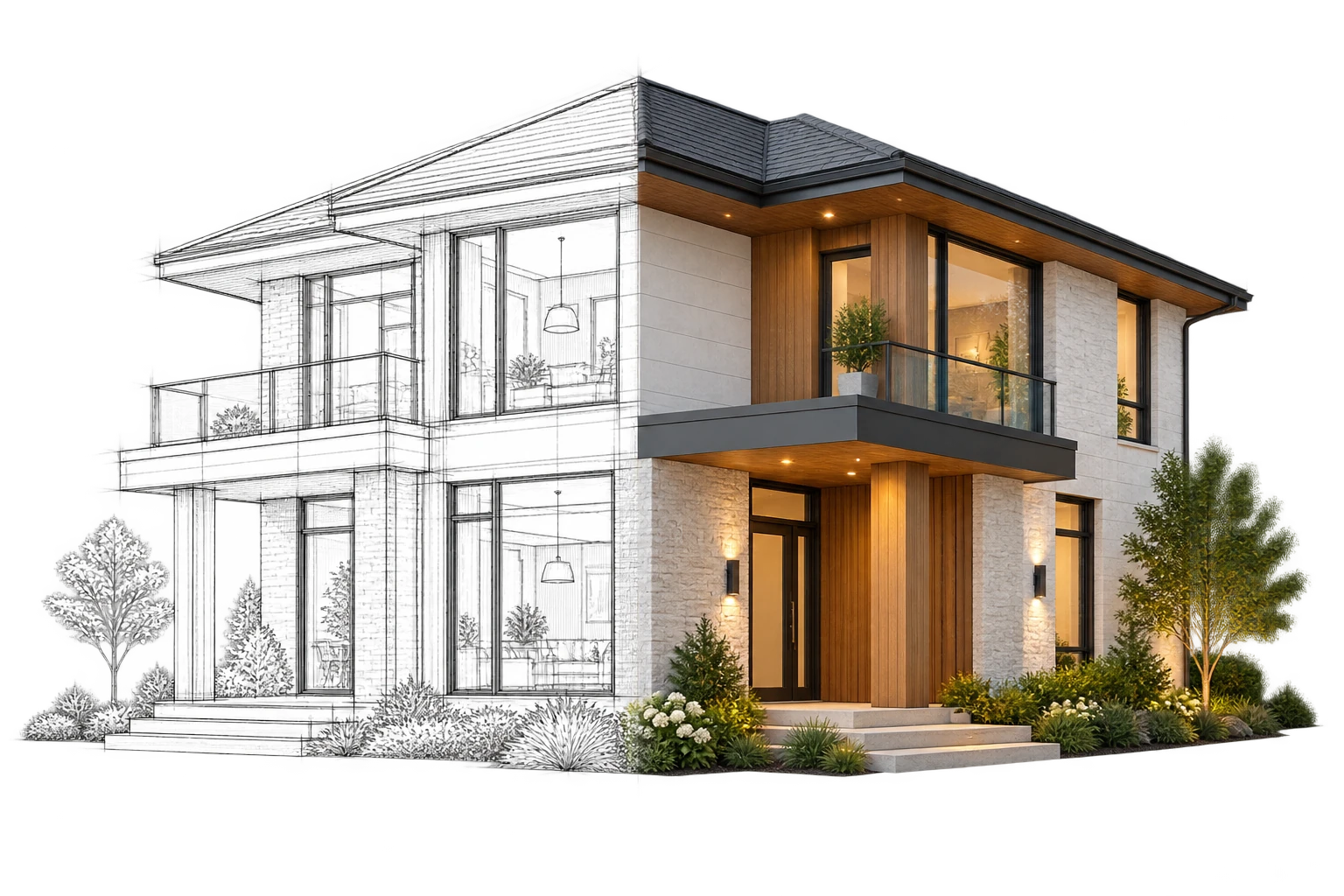 Architectural facade drawing transitioning into a completed visualization