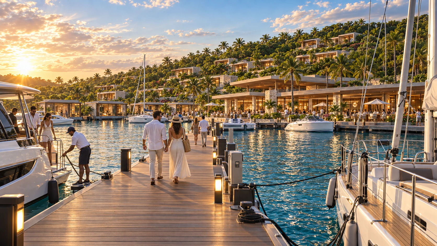 Waterfront real estate development at sunset