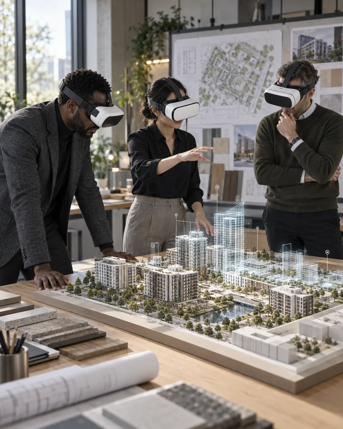 Project team collaborating around a model with virtual reality headsets