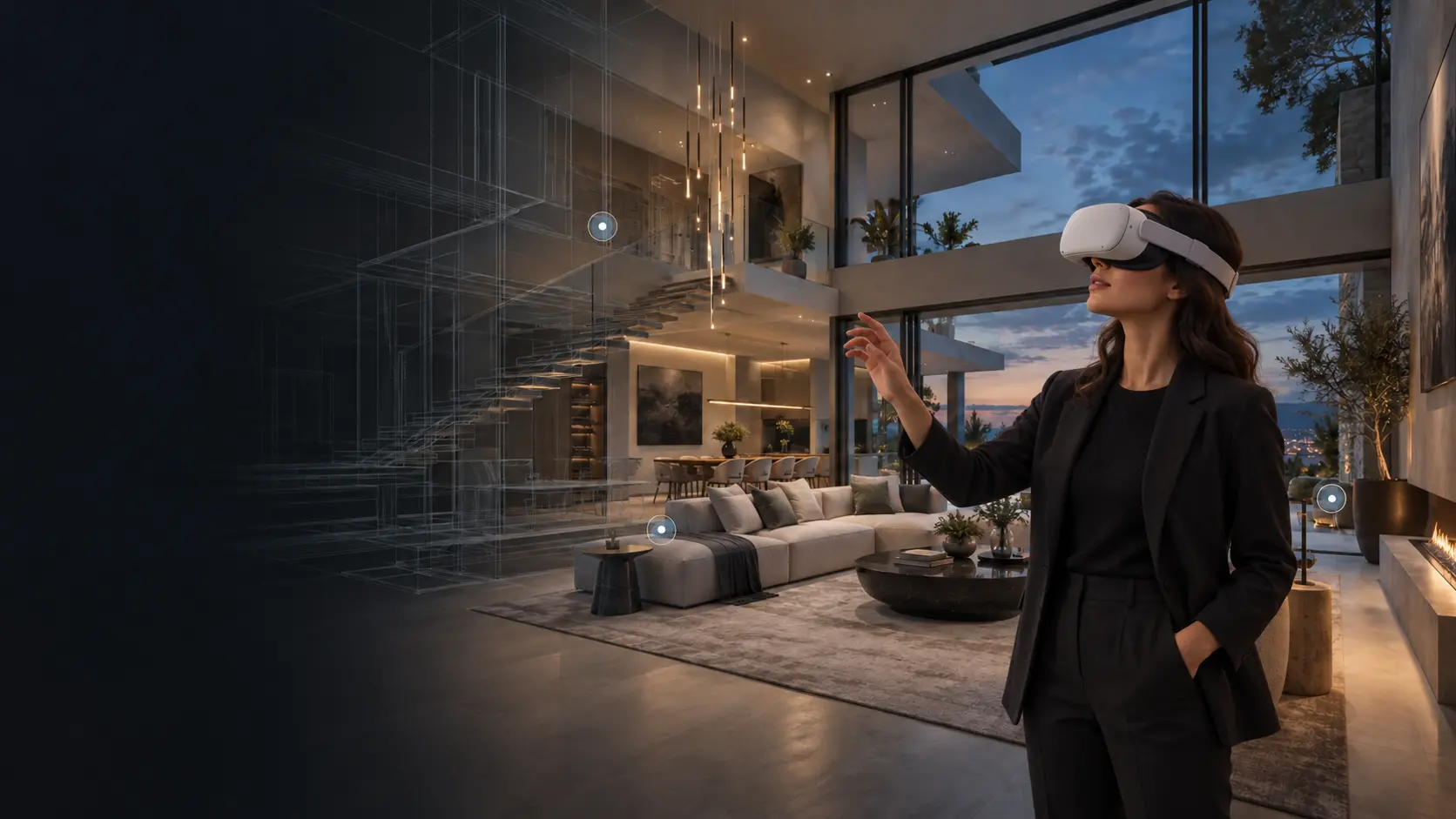 Professional using a VR headset inside an immersive architectural experience